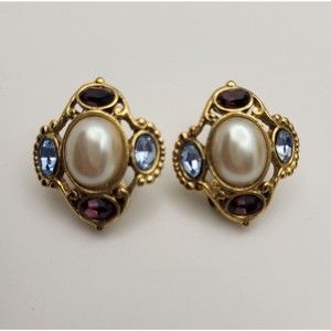 Vintage Elegant Faux Pearl Purple & Blue Rhinestones Clip On Earrings